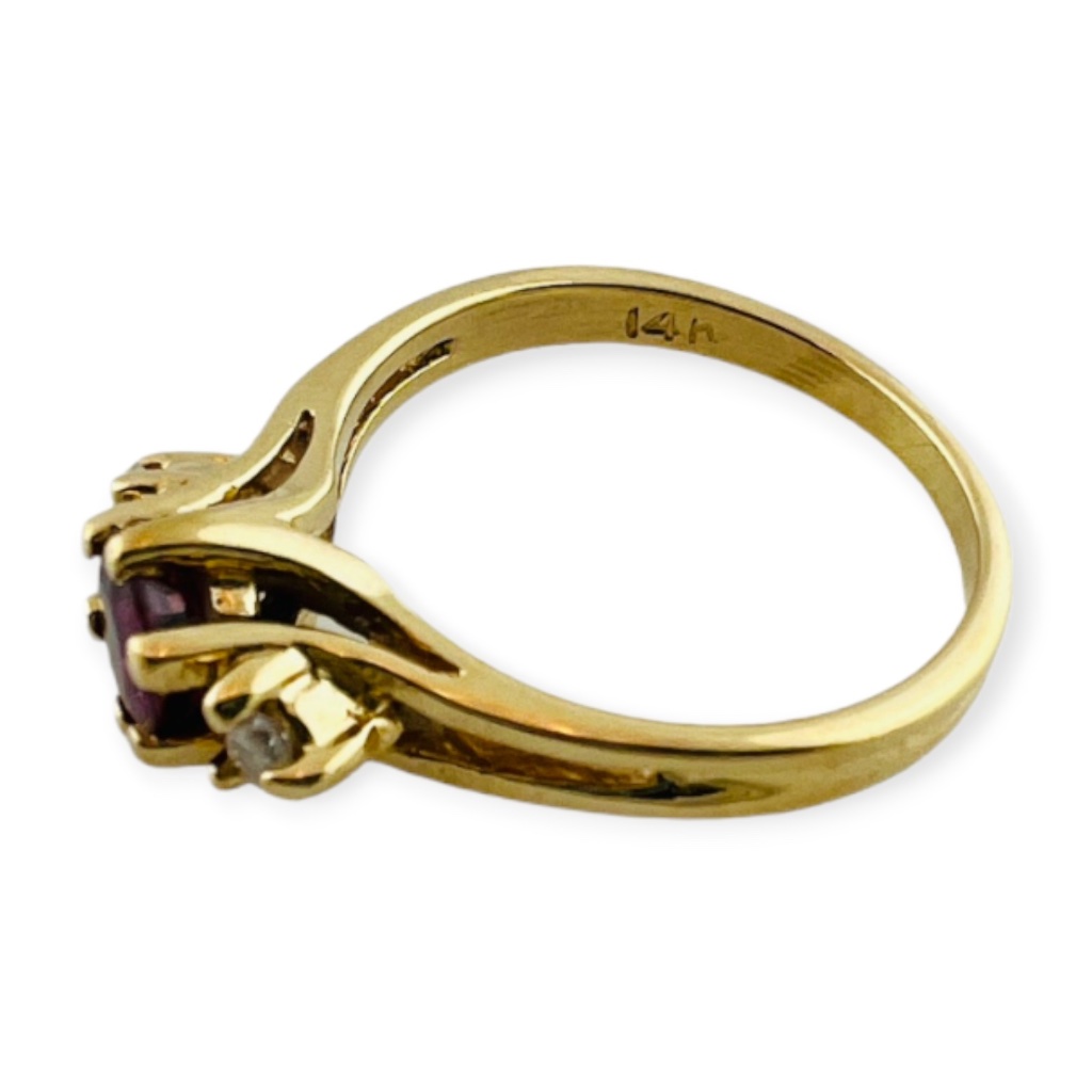 14k Yellow Gold Rhodolite Garnet And Diamond 3 Stone Ring #15991
